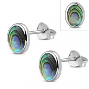 Large Abalone Shell Oval Stud Silver Earrings, e313